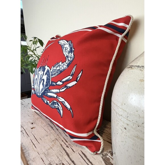 Vintage Nautical Crab On Red Canvas W/ Rope Piping 15” Throw Pillow 2 SIDED - Picture 5 of 9